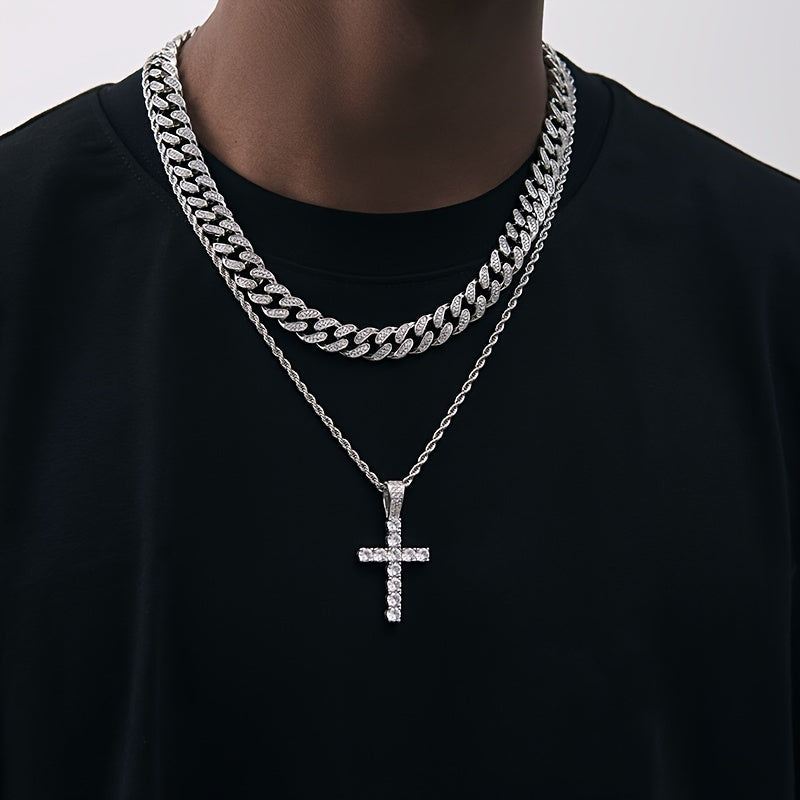 Set of 4pcs, Including a Men'S Watch, a Cuban Necklace And Bracelet, And a Cross Necklace for Men