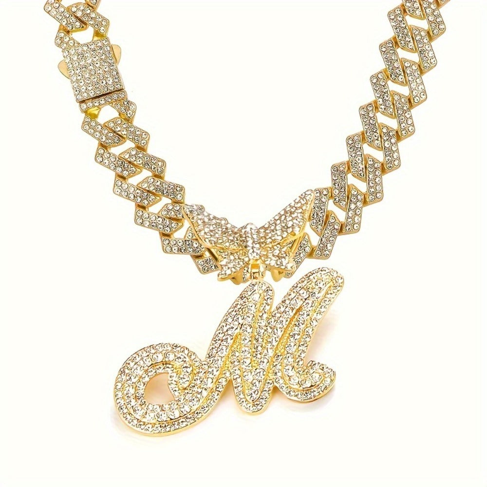 Cuban Link Chain Necklace - Initial Letter for Men Women - with Butterfly Alphabet Pendant A-Z, Gold & - product detail view