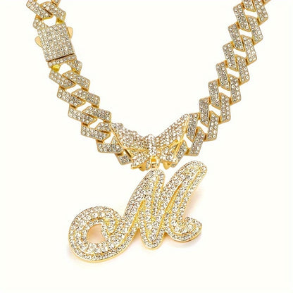 Cuban Link Chain Necklace - Initial Letter for Men Women - with Butterfly Alphabet Pendant A-Z, Gold & - product detail view