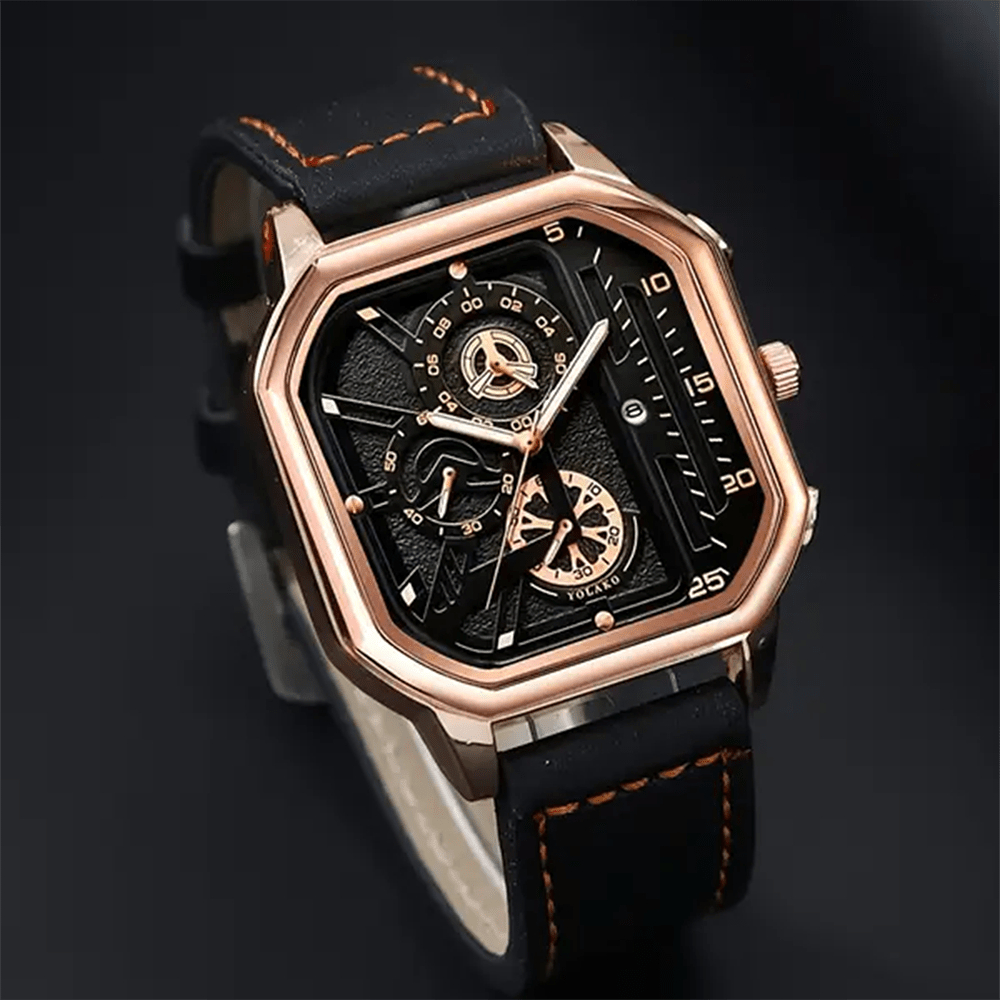 [Valentine's Father's Day Gift] 2pcs/set Luxury Sports Mens Watches For Men With Triangle Dial & Silicone Strap, Chronograph-like, Retro Square Dial & Faux Leather Starp Men Watches, Date Display, Dress Watch For Casual, Valentine's Father's Day Gift, Rel