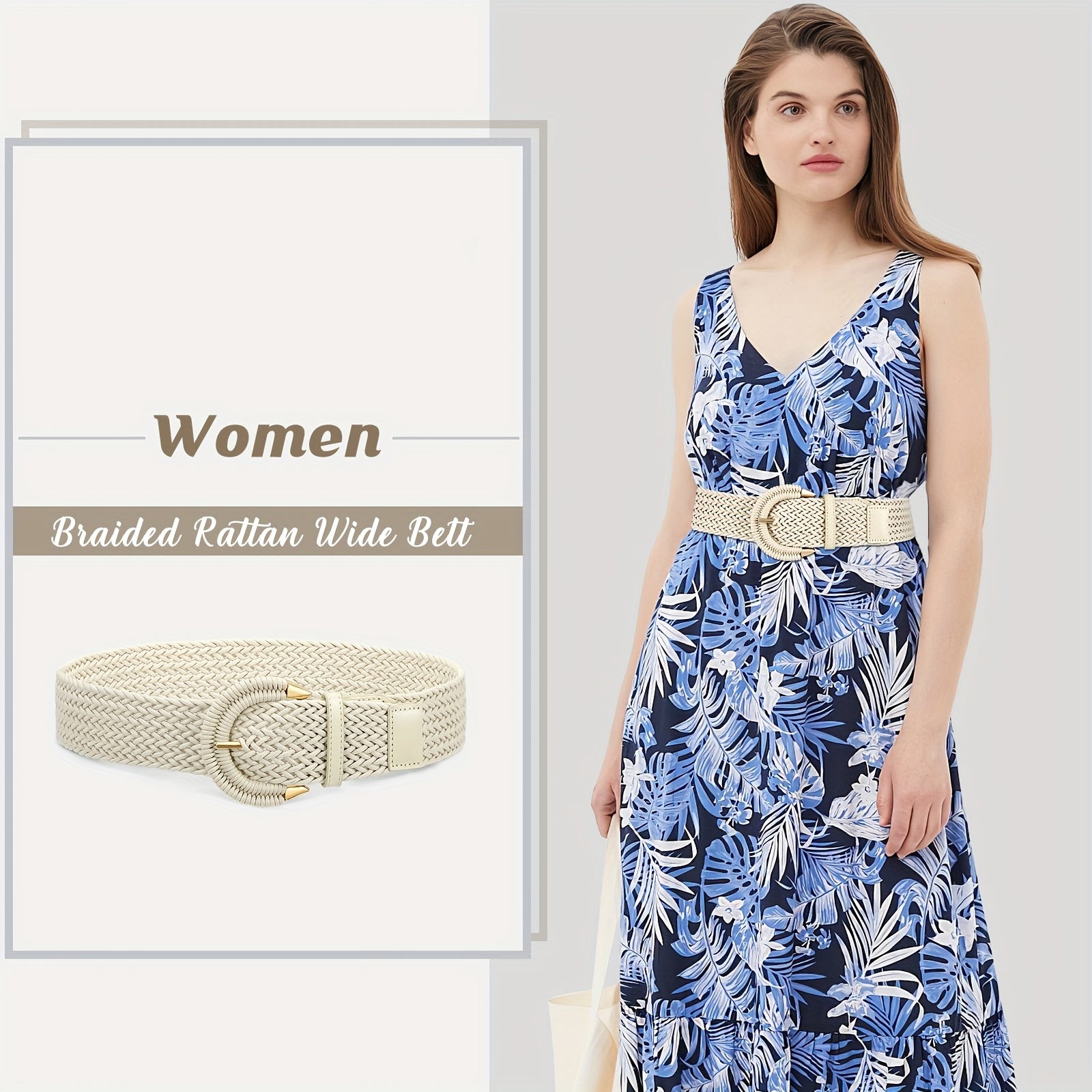 Women'S Braided Rattan Wide Belt Waist Belt with Half-Circle Buckle for Summer Dress Jeans Pants