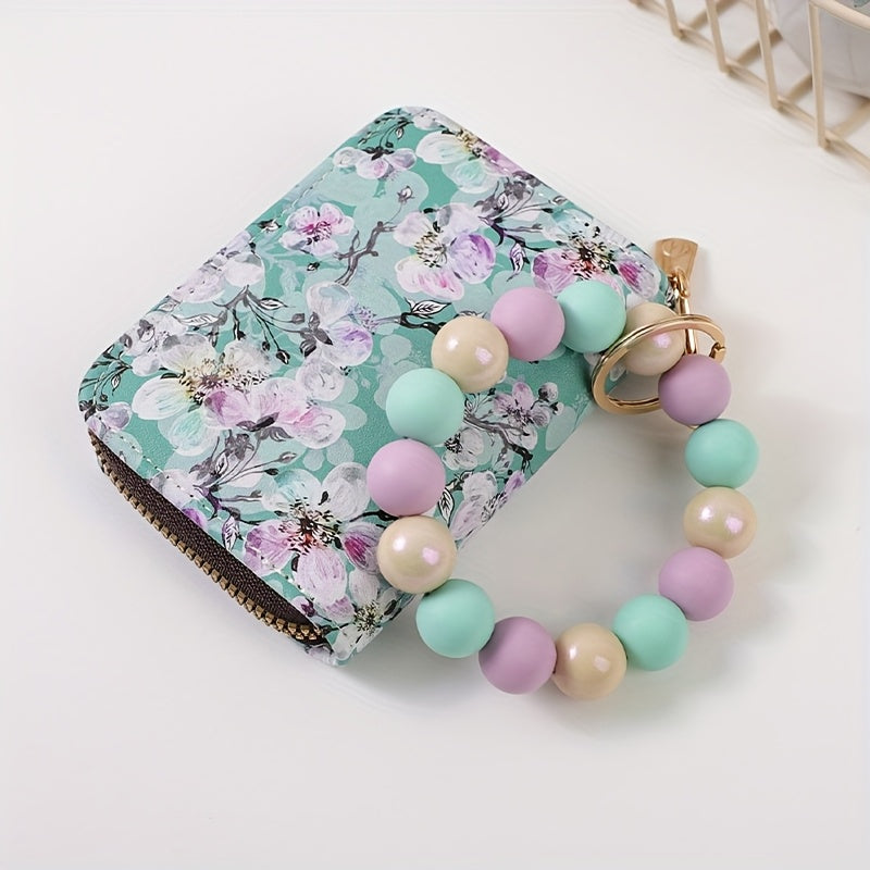 1pc Fashionable And Elegant Bright Bead Bead Wrist Keychain Printed Organ Storage Bag ID Storage Bag Clip Women'S Zero Wallet Keychain Gift For Friends And Mothers