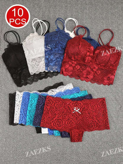10-Pack Women's Bra and Panty Lingerie Set - Floral Lace Coordinated Style – view 15