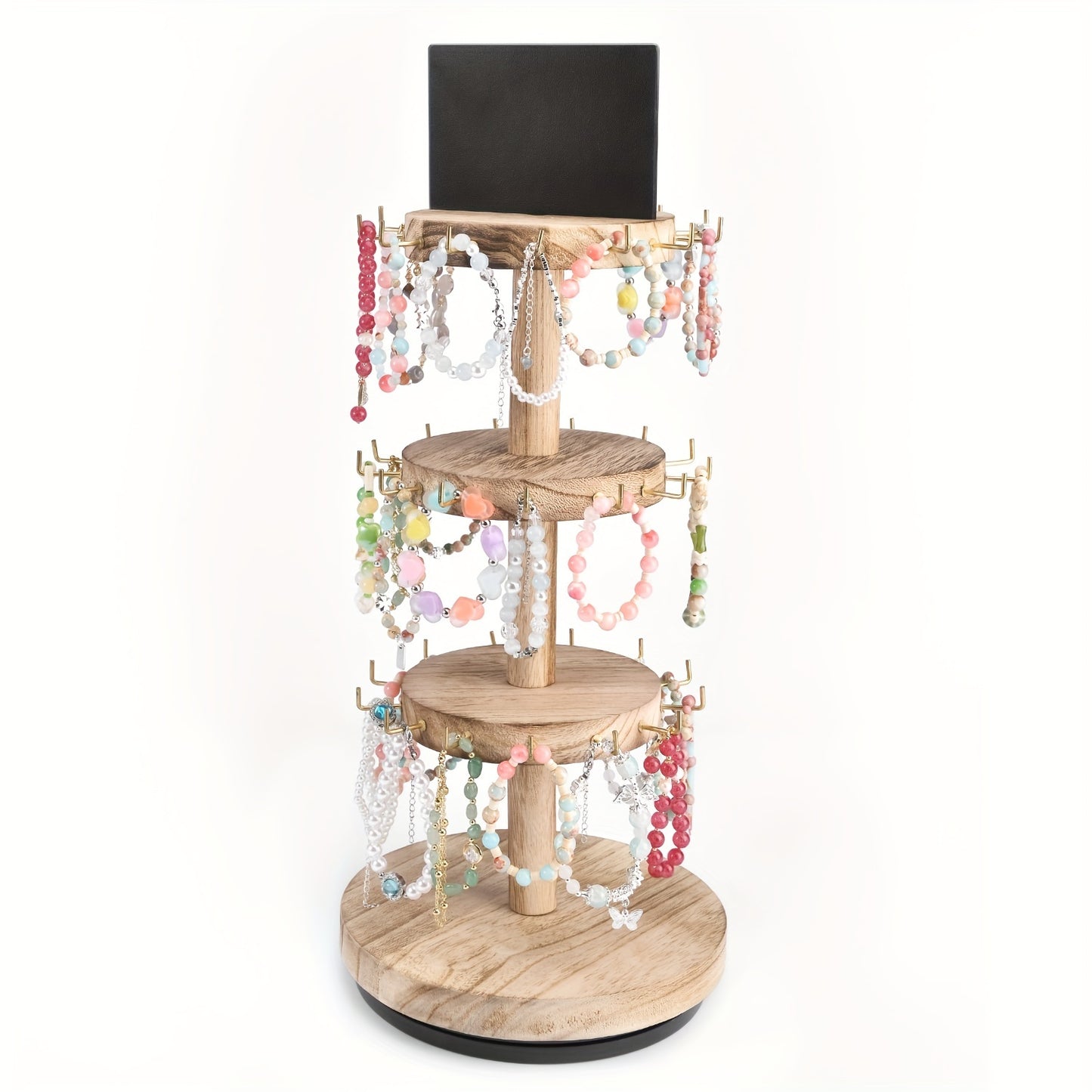 Jewelry Tower Organizer 3 Tier Rotating Wooden Large Capacity Bracelet Necklace Shelves Display Rack for Dresser Counter Vanity Storage Stand