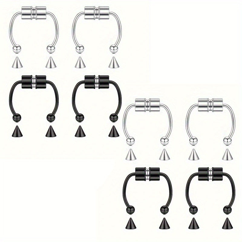 12pcs Set Of Magnetic Fake Nose Rings with Replacement Ball Nose Clip Silvery Black Stainless Steel Punk Style Septum Ring for Women, Safe And Painless Nostril Non Piercing Jewelry