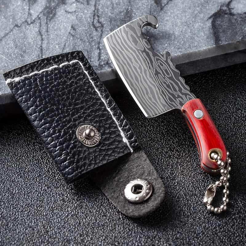 10pcs Random Premium Mini Knife Keychain Set (5 Knives And 5 Knife Sets), Damascus Pattern Pendant Blade, with Leather Cover, Stainless Steel, Non-Foldable, Straight Back, Flat Blade, Lightweight, Luxury Portable EDC Pocket Tool