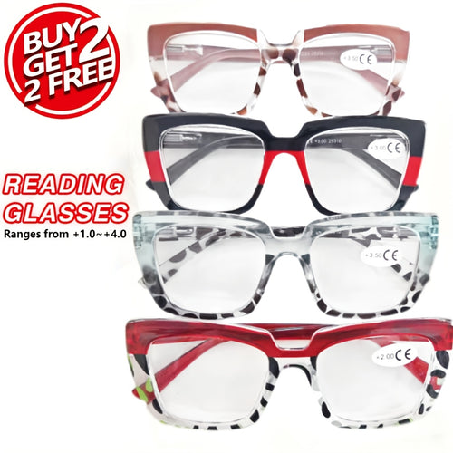 Reading Glasses for Women 4 Pack, Large Frame HD Lenses, Leopard Print & Classic Black Polycarbonate Readers Set, Trendy Fashion Reading Glasses +1.00 to +4.00 — Stylish Everyday Eyewear