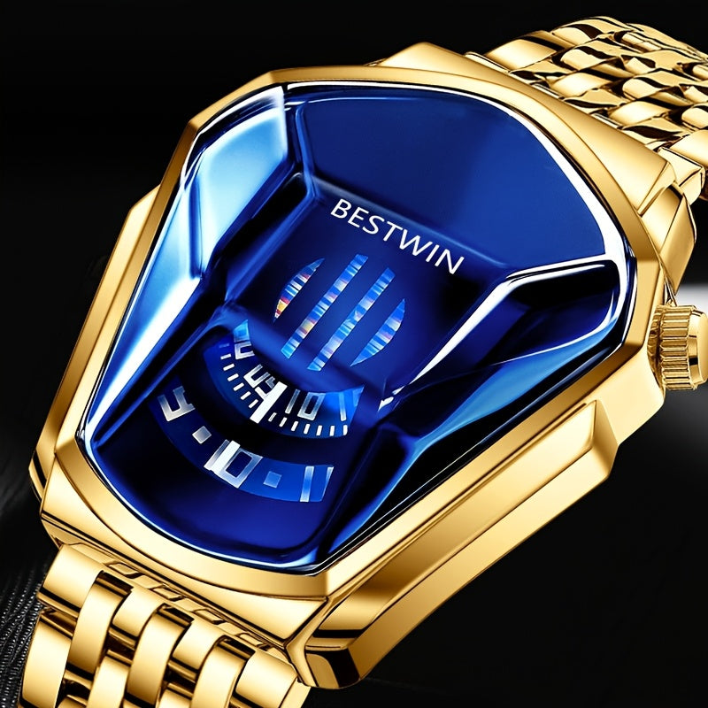 Men's Quartz Watch Blue Rhinestone Dial Steel Band Business Dress Watch for Men Fashion Analog Wristwatch Gift