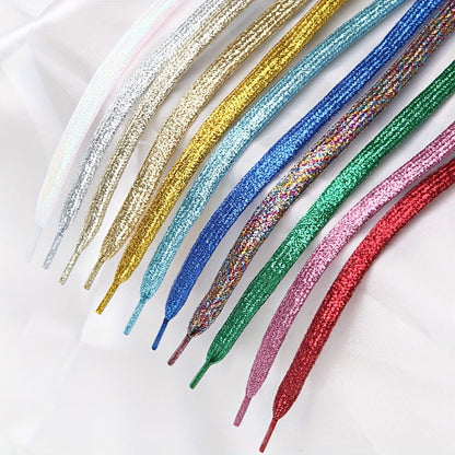 11-Pair Metallic Sequin Shoelaces - Silver and Gold Flat Laces detail view