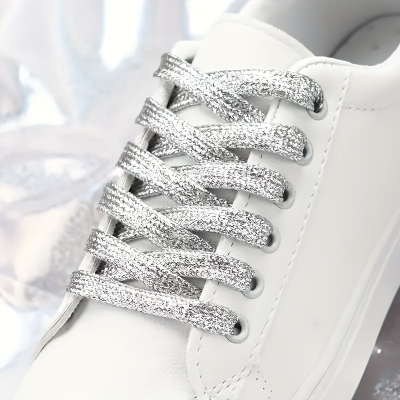 11-Pair Metallic Sequin Shoelaces - Silver and Gold Flat Laces detail view