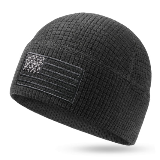 Tactical Military Cap Featuring a Waffle Design And an American Flag Embroidery on a Grid Fleece Beanie