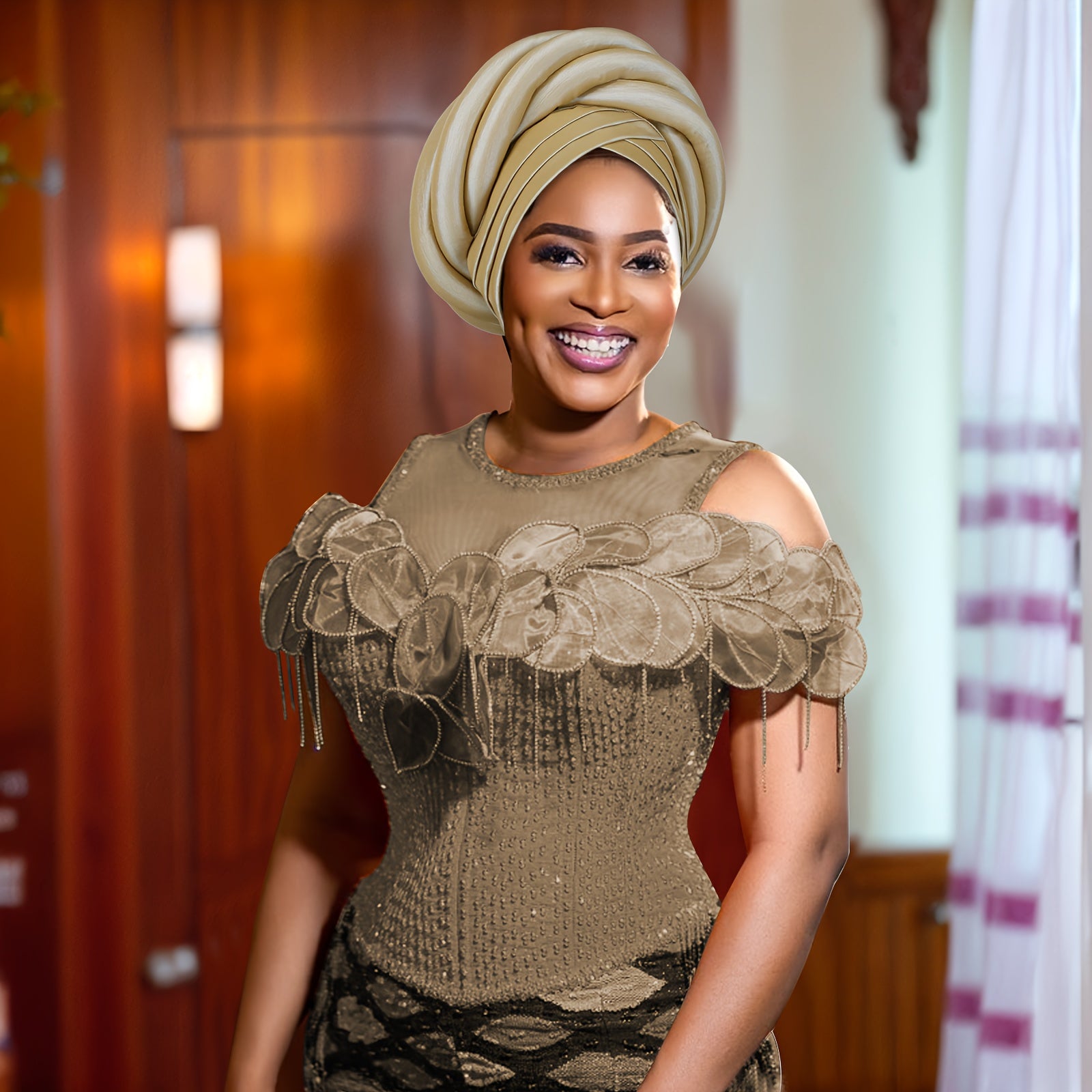 [Exquisite Nigerian Wedding Hat] Exquisite 100% Polyester Nigerian Wedding Hat for Women - Sponge Turban with Elasticity, Religious Theme, Button Closure, Craftsmanship, Hand Washable - Perfect Festive Headwear for Special Occasions