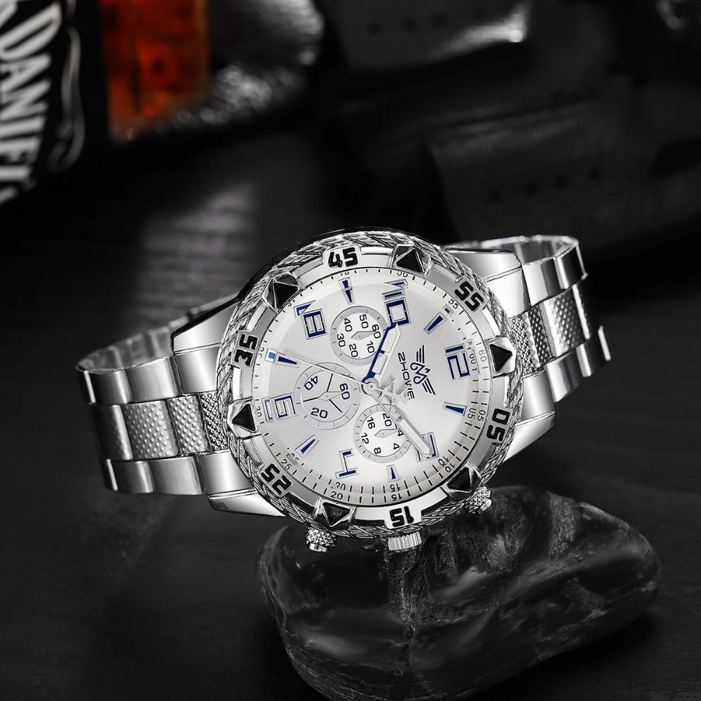 Men's Chunky Sport Watch – Gold & Silver Plated Chronograph-Style Bold Case, Blue Dial Option, Trendy Fashion Wristwatch for Men