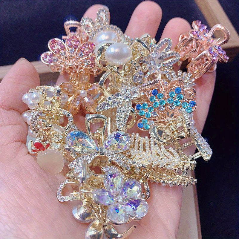 Random 10pcs Luxrious Zirconia Bow Hair Additions for Women- Charm Flower Design Claw Clips, Colorful Non-Slip Hair Claw Jaw Clips, Elegant Barrettes Headwear, Suitable for Styling & Wedding, Daily Accessory