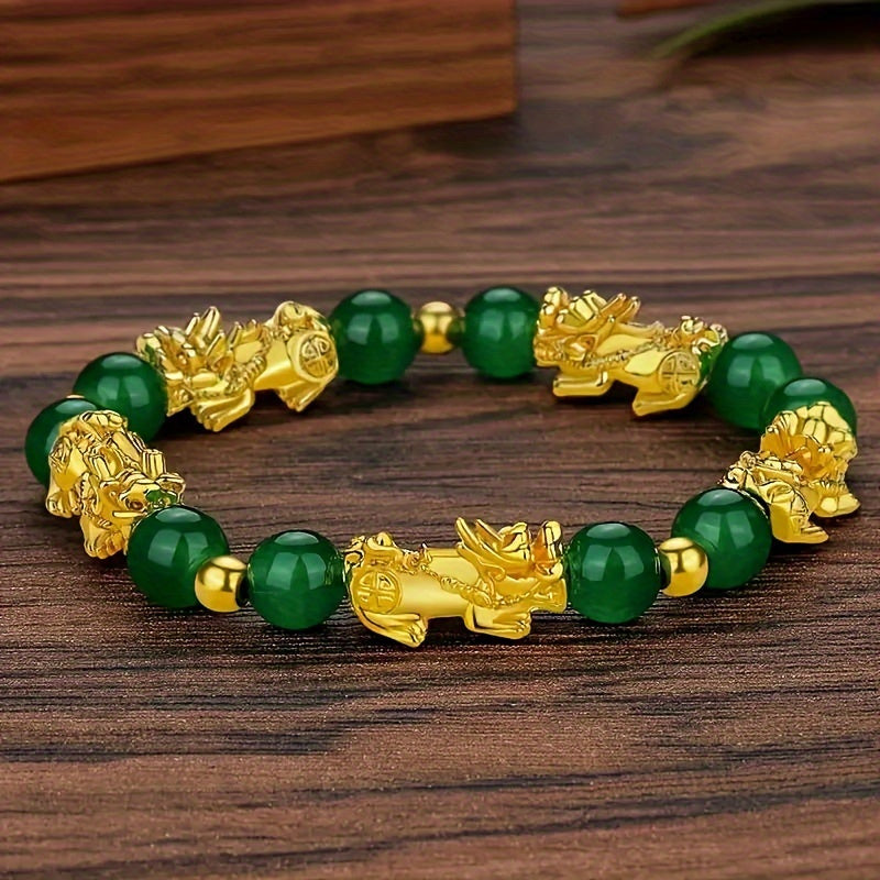 4pcs Handmade Natural Stone Pi Xiu Bracelets - Wealth Attracting Green Malachite Beads with Golden Accents, Traditional Chinese Jewelry for Good Luck & Prosperity, 8mm Beads + Free Storage Pouch, Bracelet Beads, Elegant Bead Design, Intricate Beadwork