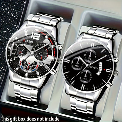 Men's Watch Gift Set 2pcs Luxury Stainless Steel Quartz Watches Business Fashion Analog Date Display Wristwatch Set for Men Multiple Color Combinations