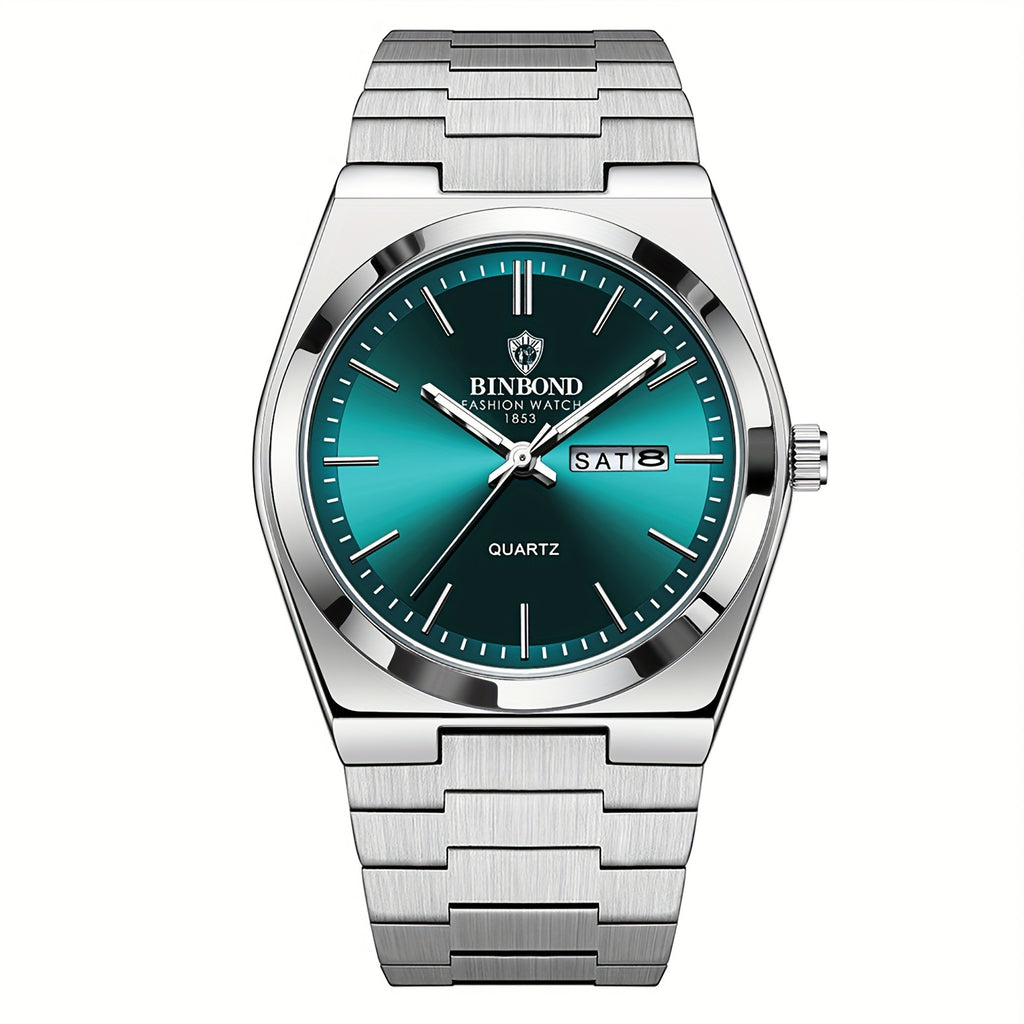 Jewelrywe Mens Week Date Calendar Luminous Dial Solid Stainless Steel Band Quartz Watch Business Wristwatch
