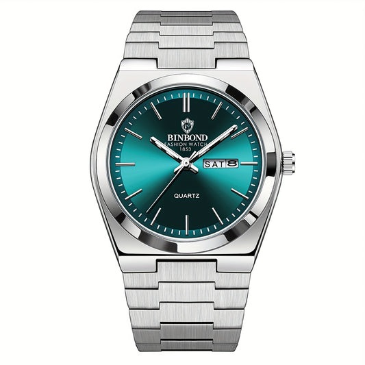 Men's Week & Date Calendar Quartz Watch with Luminous Dial - Solid Stainless Steel Band Business Wristwatch for Men, Dual Calendar Analog Timepiece in Gold & Silver Tone