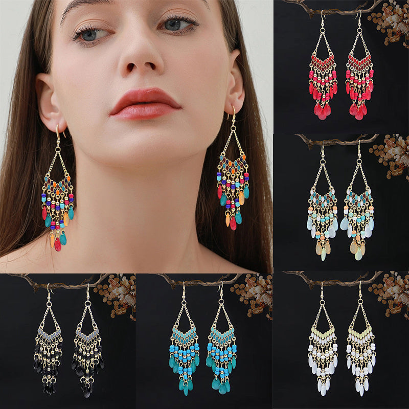 12Pairs(Total24pcs) Vintage Long Tassel Dangle Drop Earrings, Handmade, Multi-colored Bead, Bohemian Geometry Hook Earring, Ethnic Style Jewelry, Daily Accessory, Suitable for Banquet/Party/Wedding, Random Styles, Perfect Gift for Women, Mom, Her