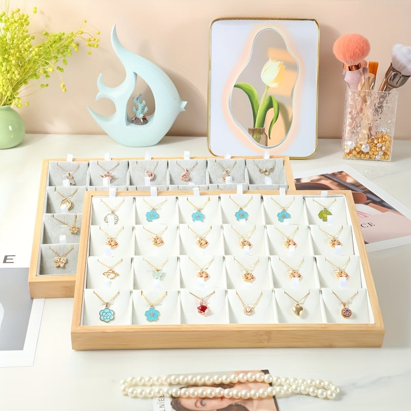 Bamboo And Wood 24 Grid Large Capacity Pendant Tray Jewelry Tray - High-end Necklace Display Rack, Jewelry Home Storage, Elegant Storage Box, Suitable for Pendants, Necklaces And Earrings, Contains 24 Pendant Trays, Gifts for Mothers