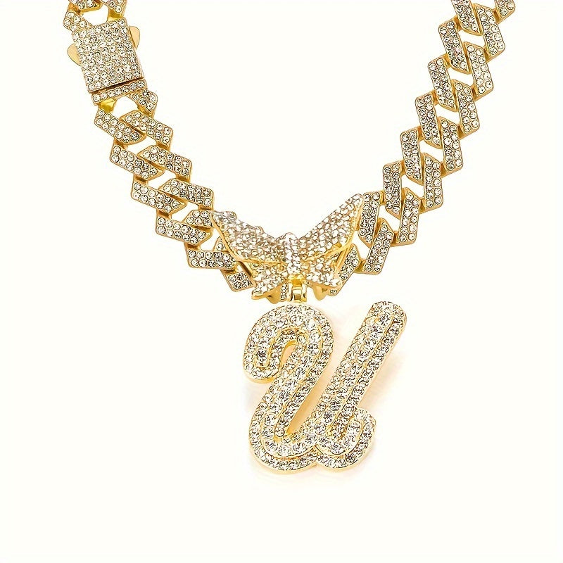Cuban Link Chain Necklace - Initial Letter for Men Women - with Butterfly Alphabet Pendant A-Z, Gold & - product detail view