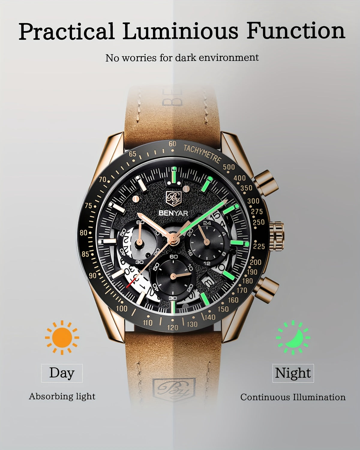 BENYAR Watch Men Luminous Chronograph Analog Quartz Big Face Business Sport Casual Fashion Dress Wristwatch Elegant Gift for Men Golden Silver Blue Black