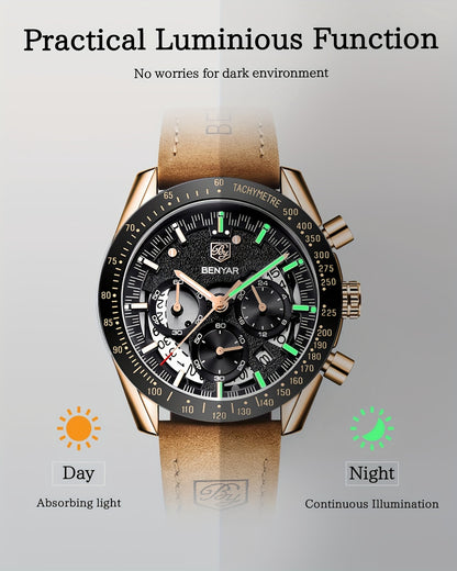 BENYAR Watch Men Luminous Chronograph Analog Quartz Big Face Business Sport Casual Fashion Dress Wristwatch Elegant Gift for Men Golden Silver Blue Black