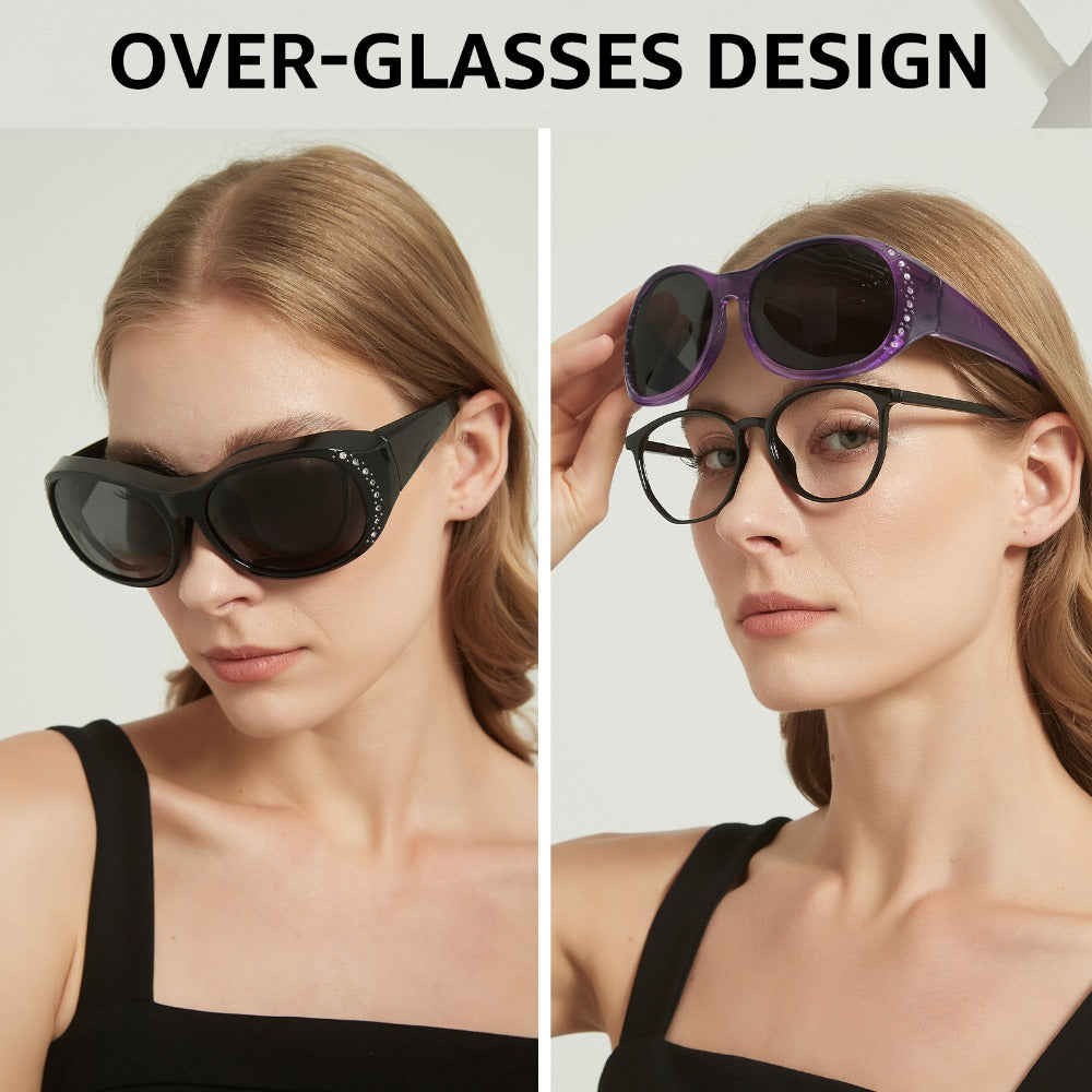 2PACKS Women's Polarized Fit Over Fashion Glasses for Prescription Glasses - Rhinestone Accent Wraparound, Polarization for Glare, Compatible with Eyeglasses (No Adapter/Device Needed)