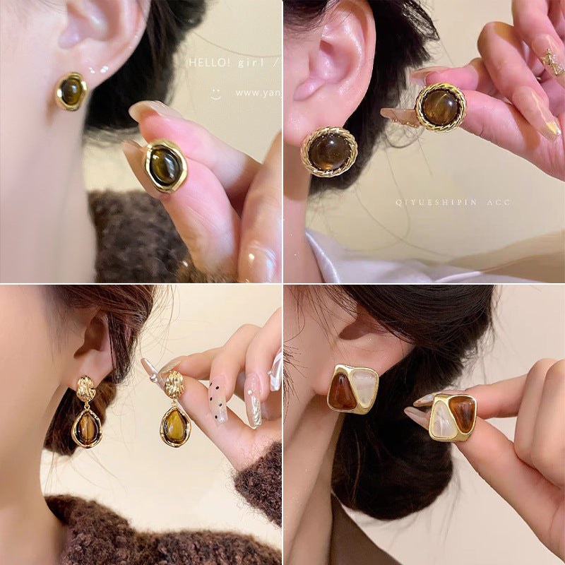 Tiger's Eye Stud Earrings Set 9 Pairs for Women - Light Luxury Malachite Natural Stone Earrings, INS Style Niche Versatile Earrings for Daily Wear Banquet Party Weekly Outfits