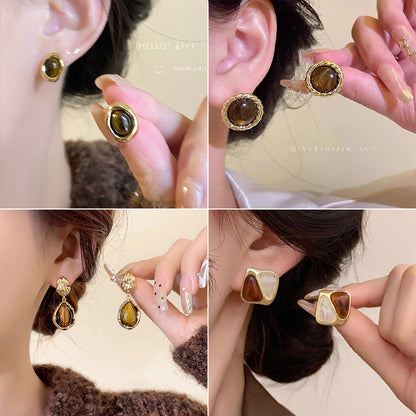 Tiger's Eye Stud Earrings Set 9 Pairs for Women - Light Luxury Malachite Natural Stone Earrings, INS Style Niche Versatile Earrings for Daily Wear Banquet Party Weekly Outfits