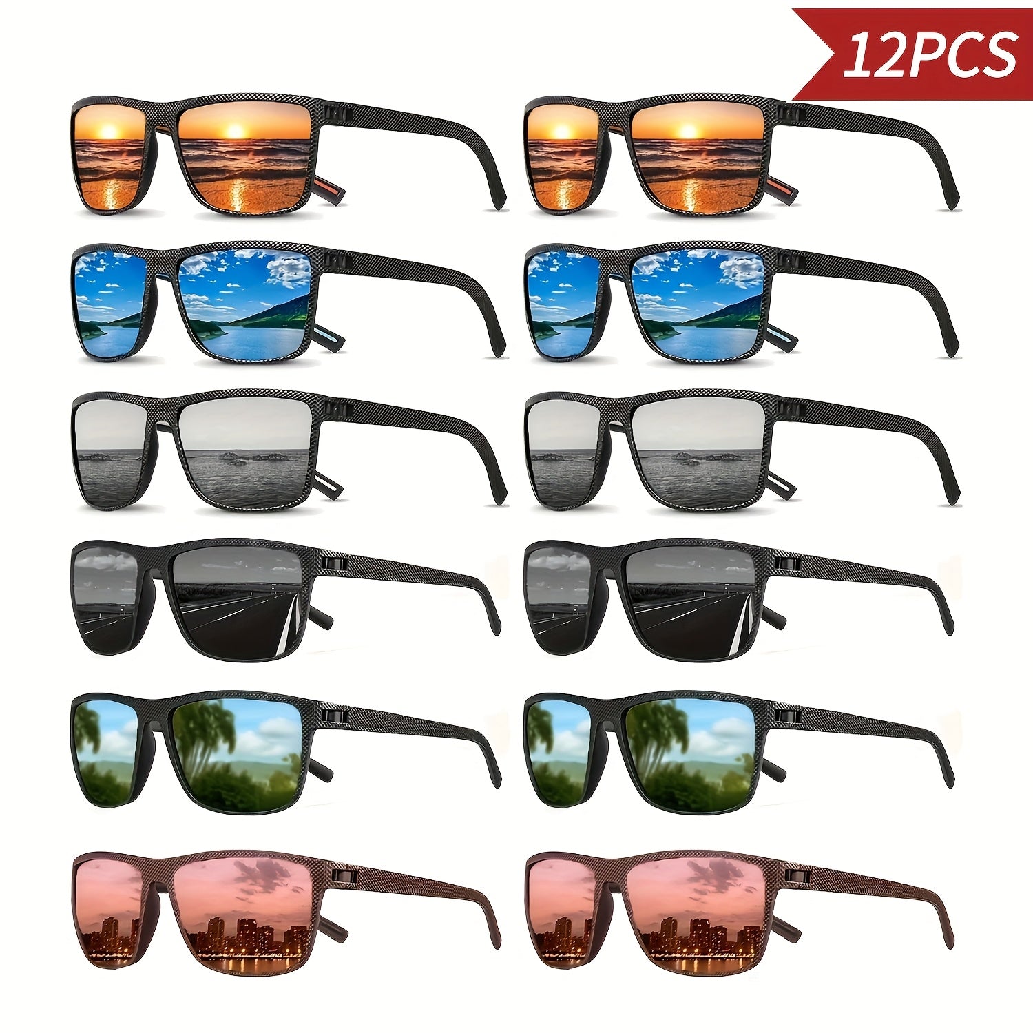 12pcs Set Of Fashionable Glasses for Men And Women, Classic Square Designer Decorated Fashion Glasses, PC Frame Lenses, Suitable for Daily Leisure, Multiple Colors to Choose From, Retro Sun Shading Beach Outdoor