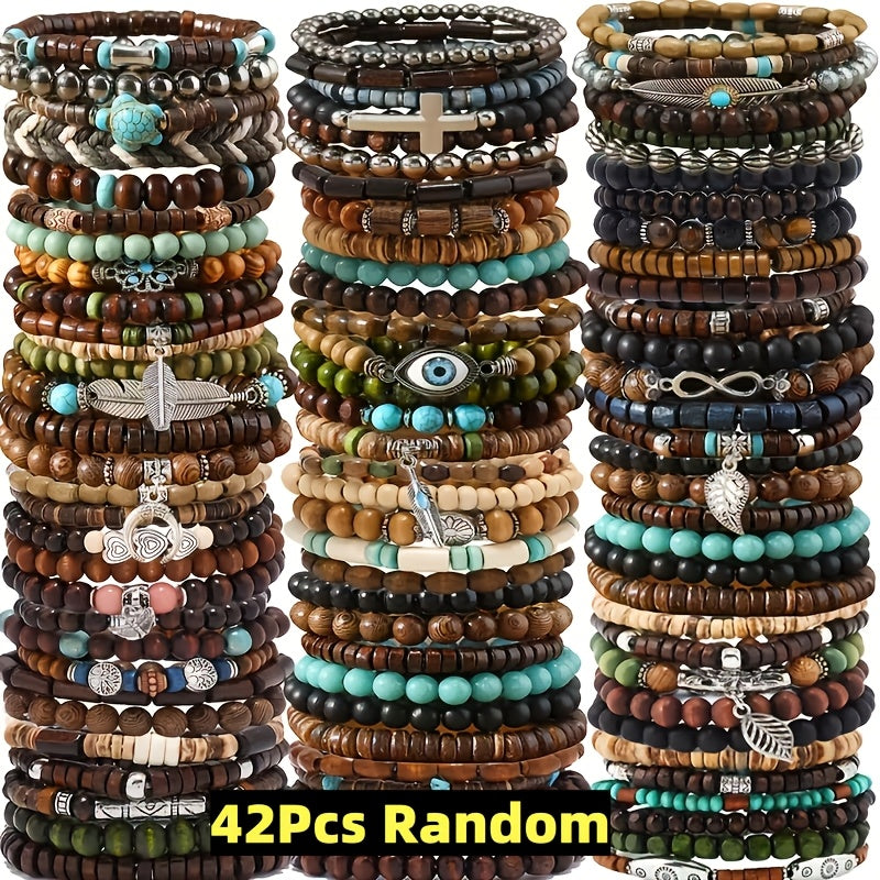 [Bohemian Wooden Beaded] 42pcs Set Vintage Style Bohemian Wooden Beaded Random Bracelets, Fashionable Stacking Bracelet Set For Women, Ethnic Men's Outdoor Accessory Collection