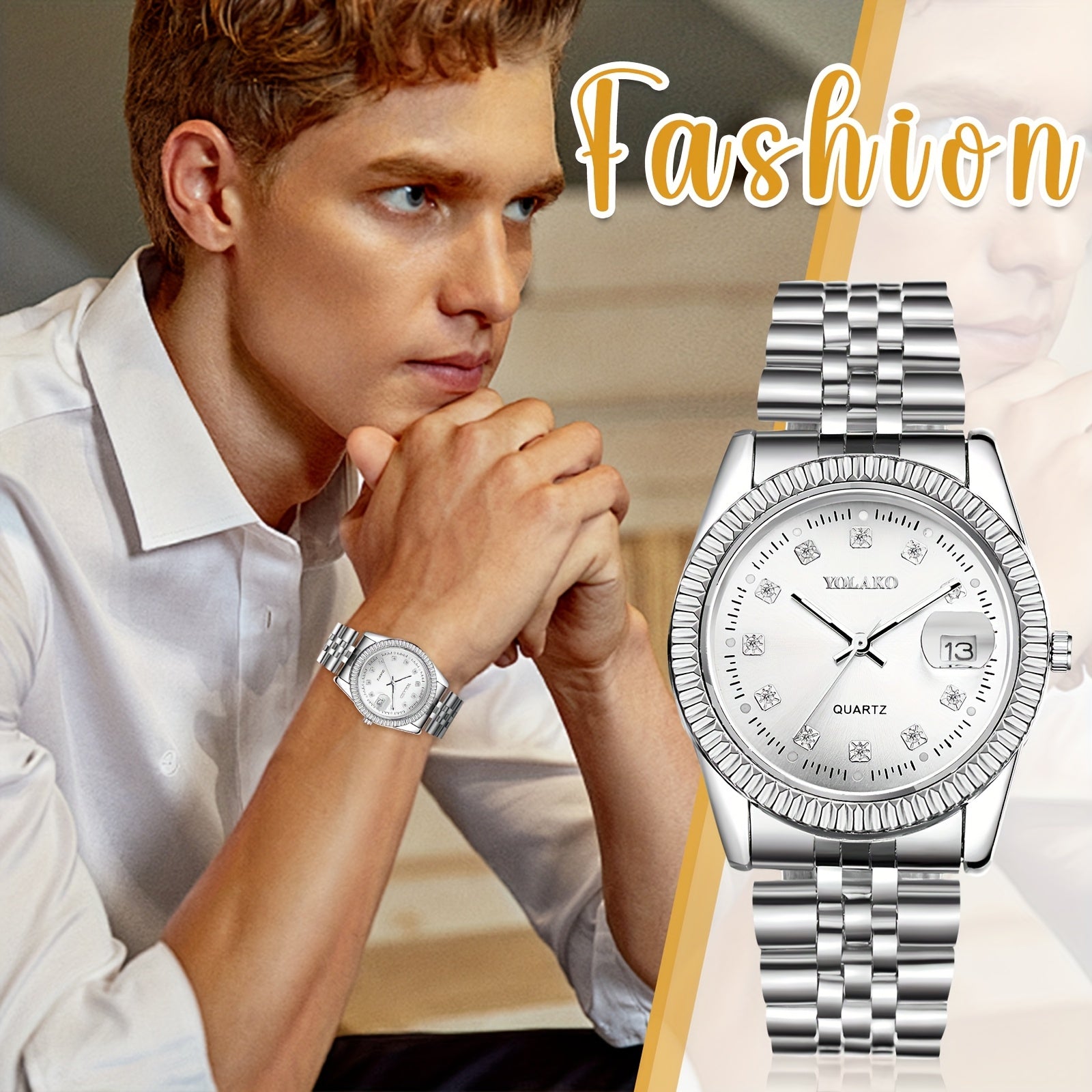 Jewelrywe Mens Golden Tone Quartz Watch: Business Analog Rhinsetone Date Luminous Hands Stainless Steel Removable Strap Casual Wrist Watch Valentine's Day Gift