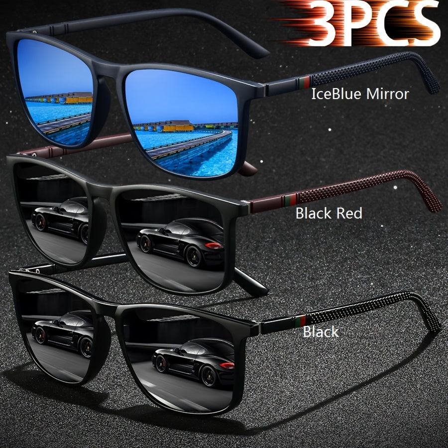 3 Pairs of  Striped Square Fashionable Men's and Women's Fashion Glasses - Luxurious Designer Anti-glare Black, Deep  and Red Color Combination - Fashionable UV Protection, Suitable for Driving, Fishing, Traveling and Beach Outfits