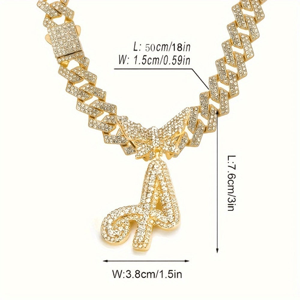 Cuban Link Chain Necklace - Initial Letter for Men Women - with Butterfly Alphabet Pendant A-Z, Gold & - product detail view
