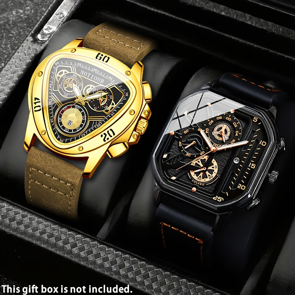 Men's 2-Piece Watch Set – Triangle Dial Silicone Strap & Retro Square Dial Faux Leather, Date Display Sport Dress Watches, Gift for Him
