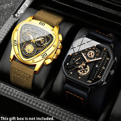 Men's 2-Piece Watch Set – Triangle Dial Silicone Strap & Retro Square Dial Faux Leather, Date Display Sport Dress Watches, Gift for Him