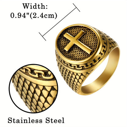 Cross Ring for Men – Stainless Steel Crucifix Christian Prayer Band, Vintage Latin Cross Amulet Ring Sizes 7-15, Religious Jewelry Gift for Him in Gold Silver Black