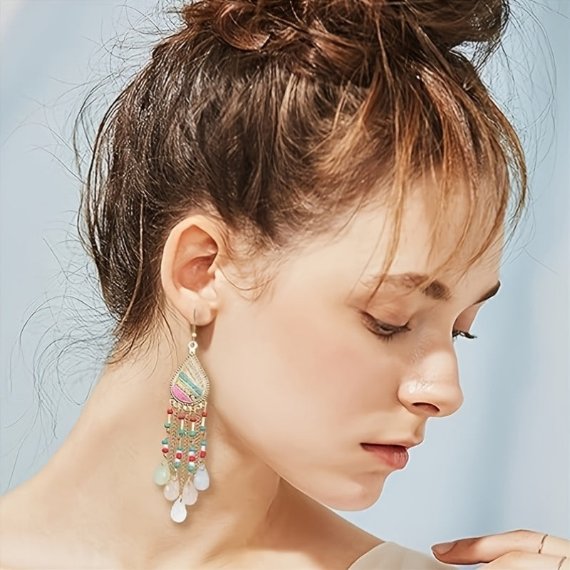6-Pair Bohemian Tassel Earrings Set - Vintage Beaded Dangle Earrings with Teardrop & Round Beads, Multicolor Boho Statement Jewelry for Women, Lightweight Alloy Hoops for Parties, Vacations, Casual Attire - All-Season Ethnic Dangle Earrings (Turquoi