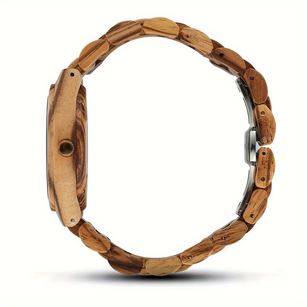 Chic Women'S Wooden Watch with Zebra Print Band, Golden-Tone Dial & Rhinestone Accents - Quartz Movement