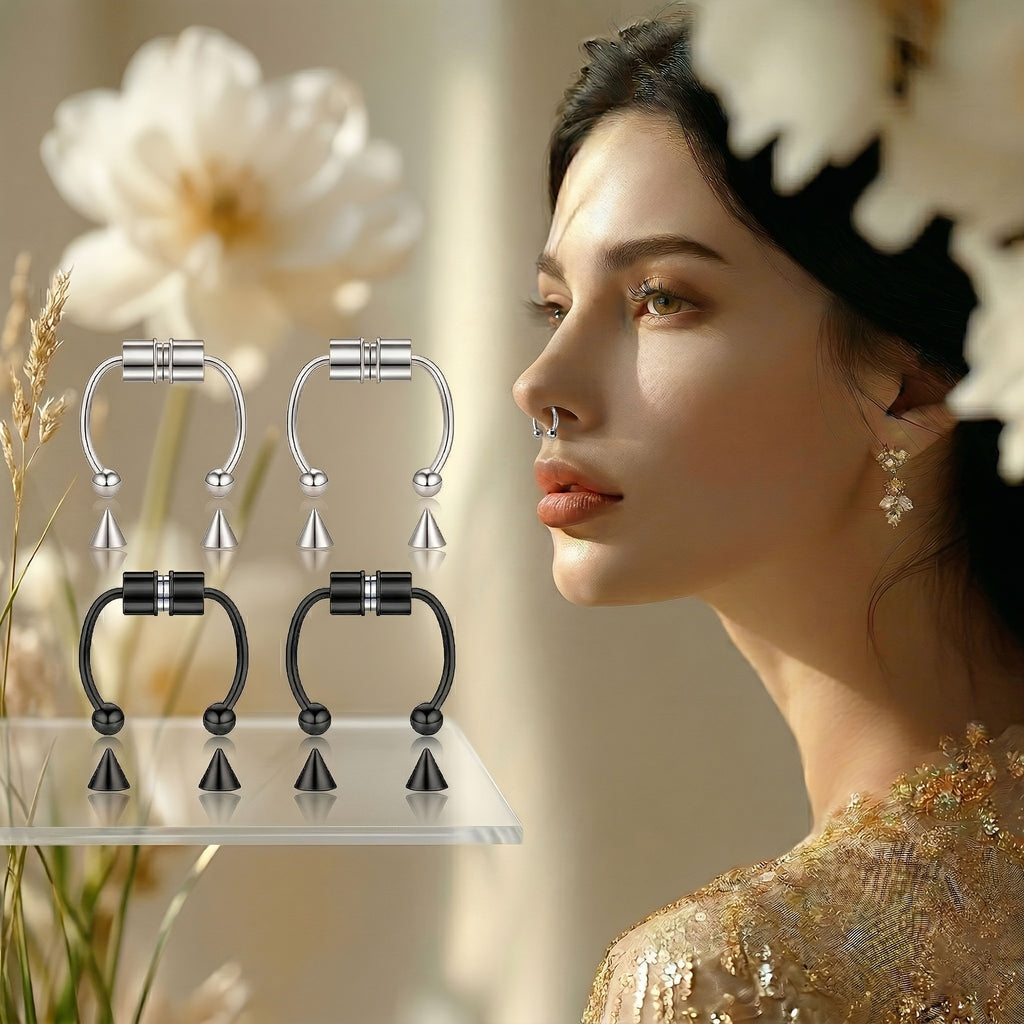 12pcs Set Of Magnetic Fake Nose Rings with Replacement Ball Nose Clip Silvery Black Stainless Steel Punk Style Septum Ring for Women, Safe And Painless Nostril Non Piercing Jewelry