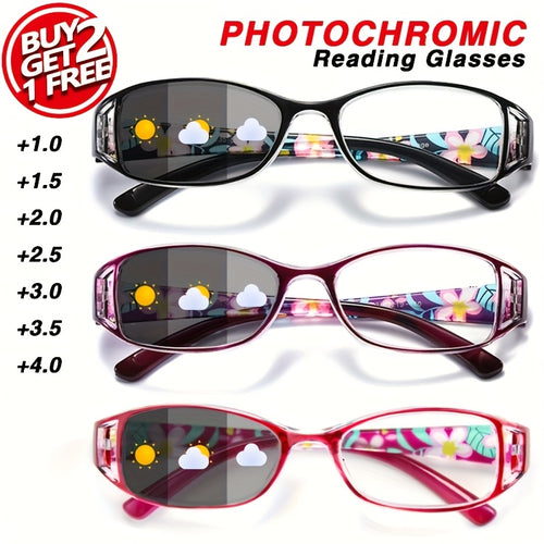 Photochromic Reading Glasses 3-Pack Floral Frame Women Light-Activated Color Changing Lenses Ultra-Lightweight Comfortable Readers Magnification +100 to +400