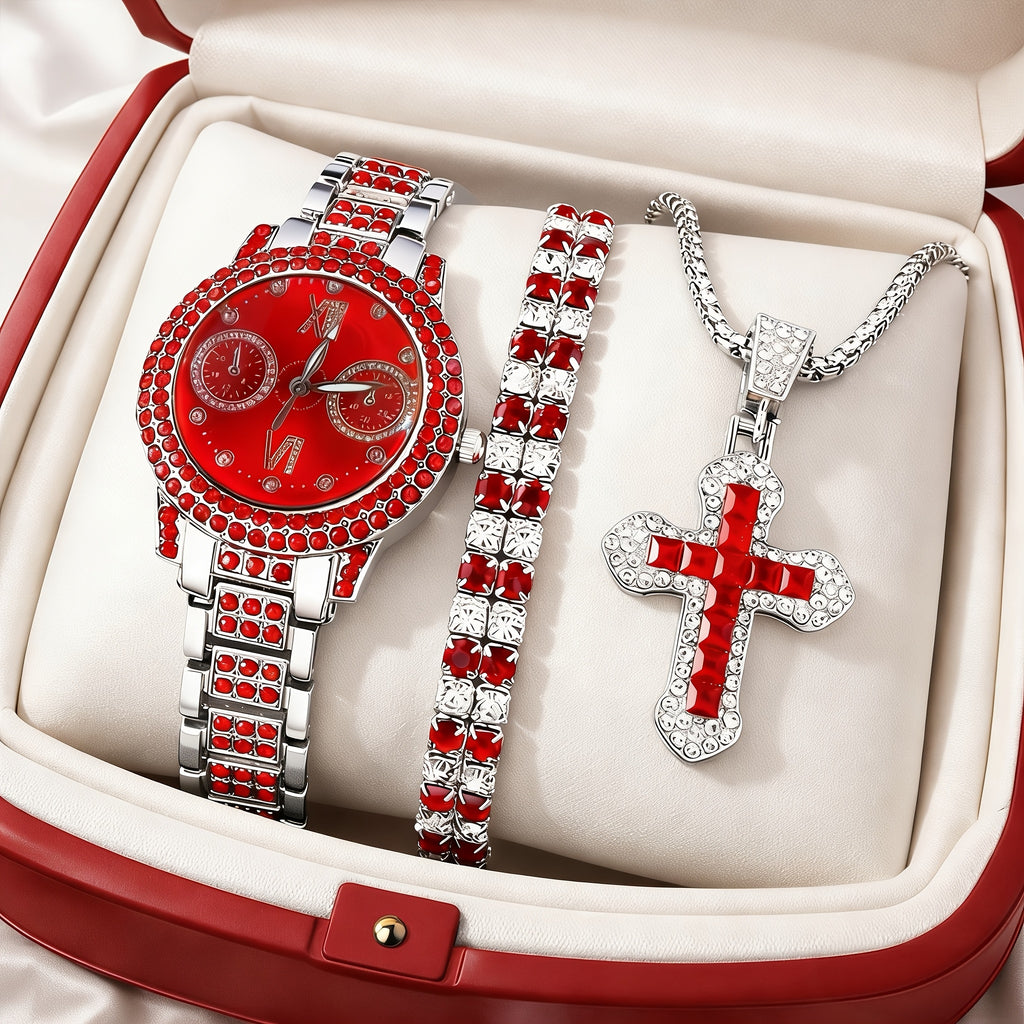 3pcs Set Fashion Watch and Jewelry Set, Elegant Pink Ring Watch Set with Rhinestone Accessories, an Ideal Gift Choice for Women