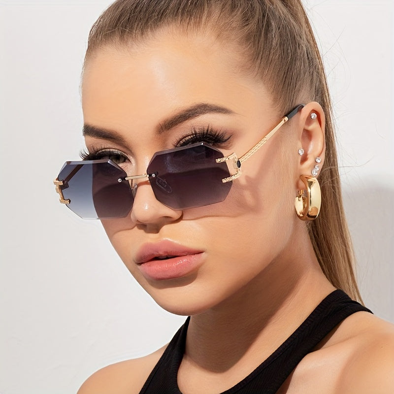 Fashionable Gradient Large-framed Women's Glasses with Borderless Polygonal Design, Suitable for Beaches and Parties, Featuring a Trendy Metal Frame
