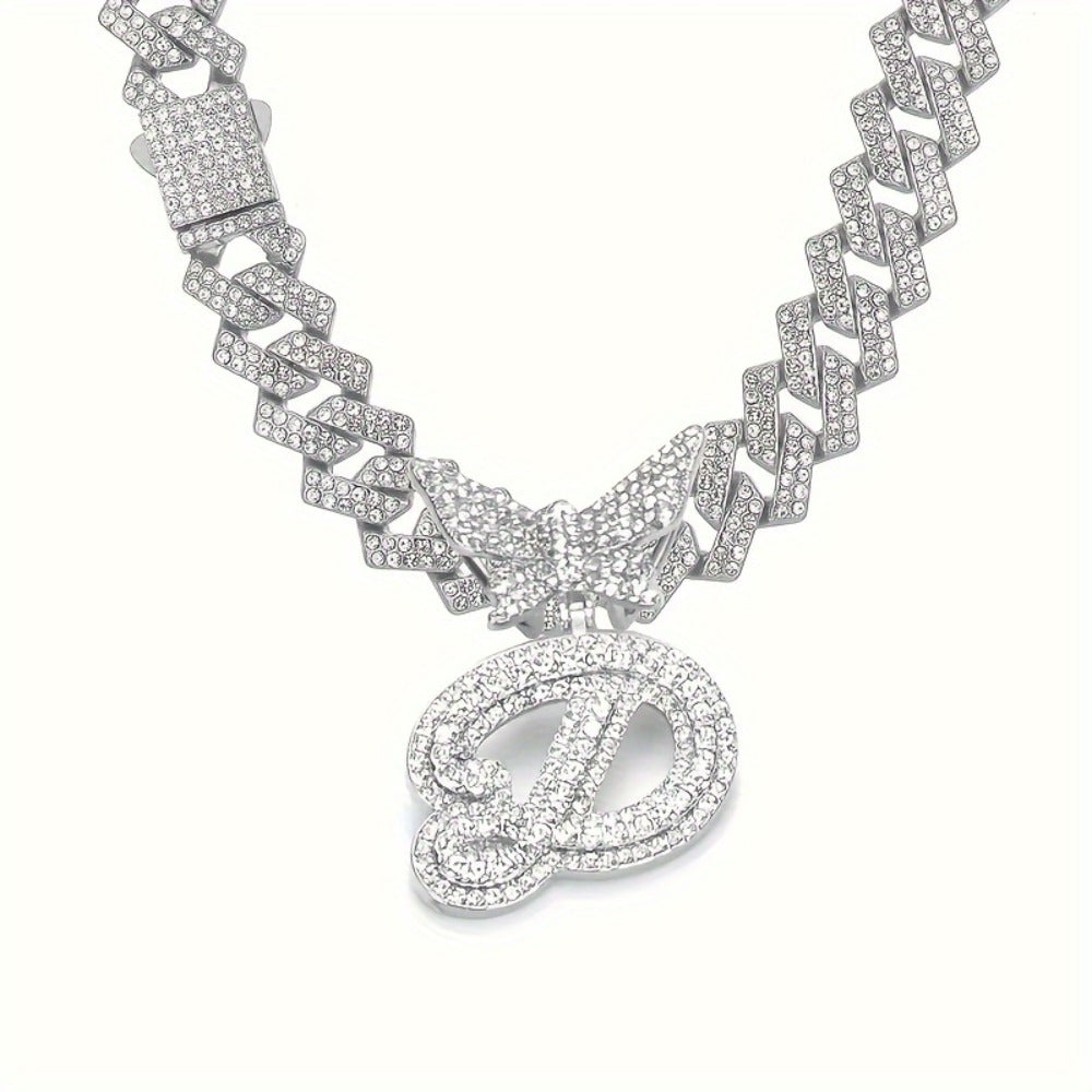 Cuban Link Chain Necklace - Initial Letter for Men Women - with Butterfly Alphabet Pendant A-Z, Gold & - product detail view