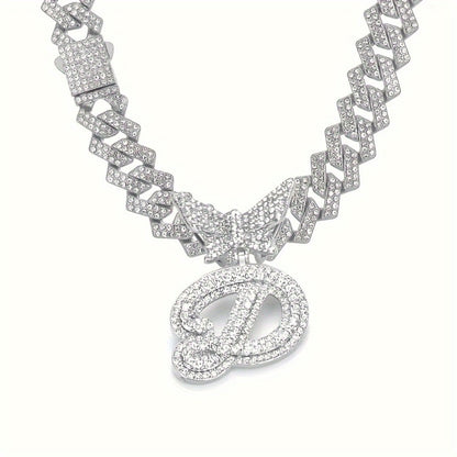 Cuban Link Chain Necklace - Initial Letter for Men Women - with Butterfly Alphabet Pendant A-Z, Gold & - product detail view