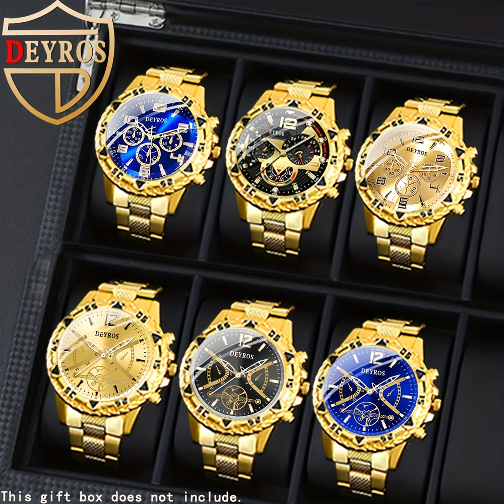 Quartz Watch Set for Men 6pcs Stainless Steel Analog Wristwatch – Date Display Round Dial Classic Luxury Timepiece Gift Box, Reloj Para Hombre