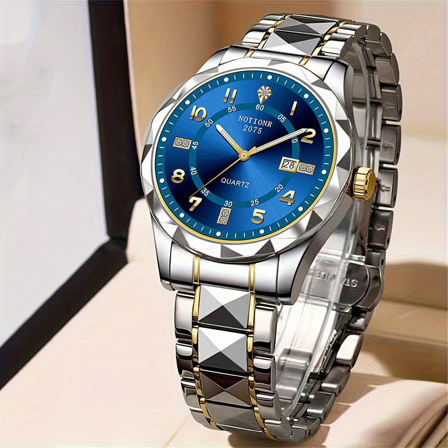 Men's Roman Numeral Rhinestone Quartz Watch Stainless Steel Strap – Date Display Minimalist Classic Design Fashion Wristwatch Gift, Golden Silvery Blue