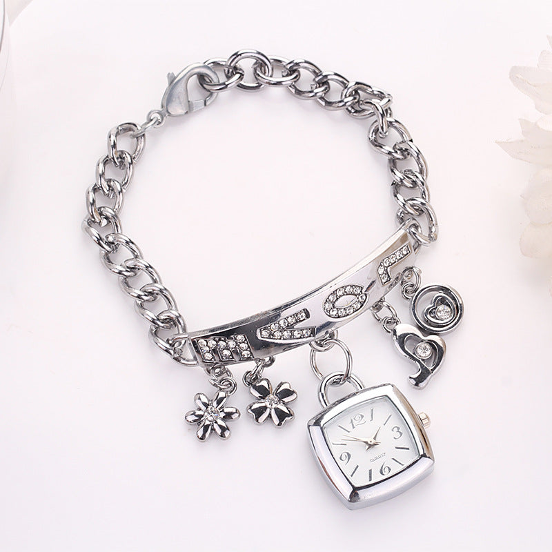 Women's Bracelet Watch LOVE Quartz Roman Numeral Square Dial Flower Decor Dress Watch Ladies Fashion Gift for Anniversary Birthday Christmas