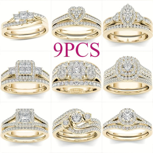 Wedding Ring Set for Women 9 Pieces Multi-Style Stackable Bands with Synthetic Zirconia Bridal Engagement Promise Rings Sizes 6-10 Daily Jewelry